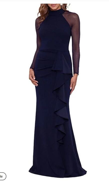 Betsy & Adam Dresses & Skirts - Betsy & Adam Size 16 Navy Mock Neck Illusion Sleeve Ruffle Formal Gown